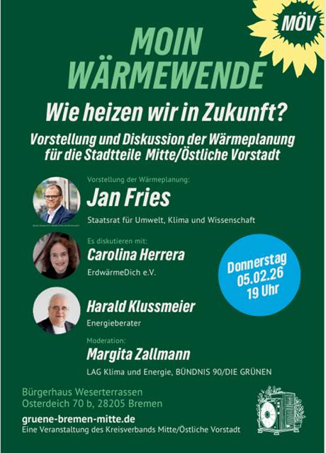 Veranstaltungsplakat von: Bündnis 90/Die Grünen, Kreisverband Mitte/Östliche Vorstadt