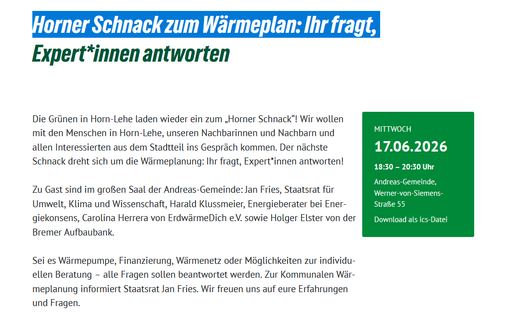 Veranstaltungshinweis auf der Webseite von Bündnis 90/ Die Grünen Bremen