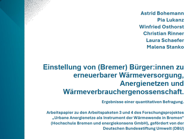 Titelbild der Studie zur Einstellung von (Bremer) Bürger:innen zu erneuerbarer Wärmeversorgung, Anergienetzen und Wärmeverbrauchergenossenschaft.